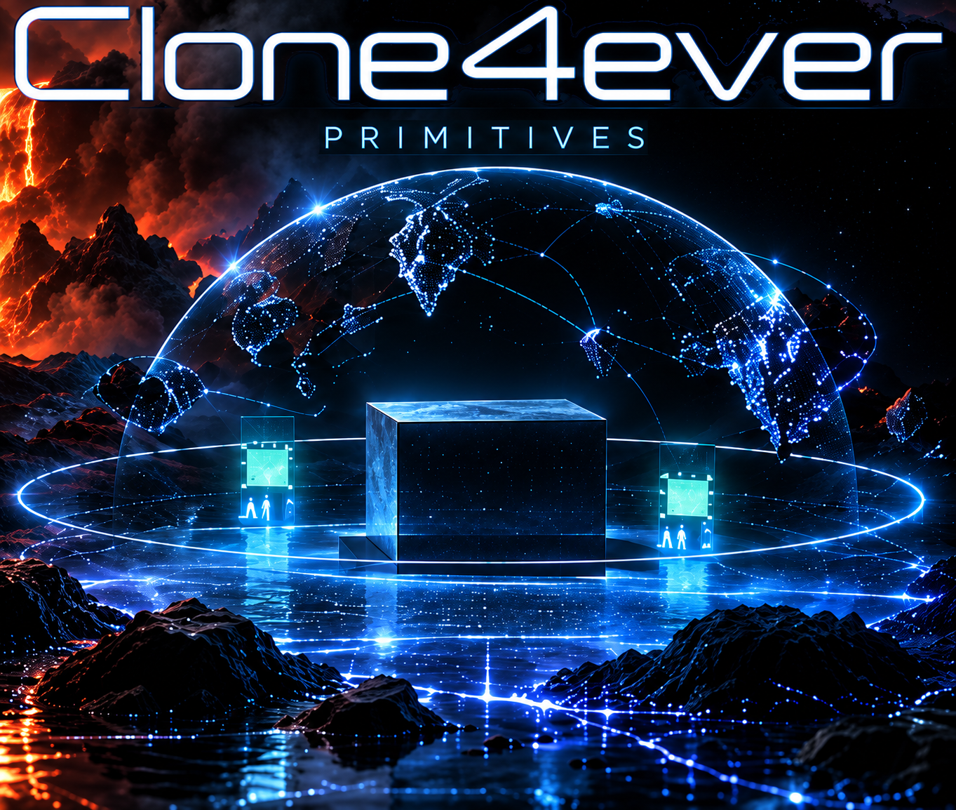 Clone4ever: Primitives hero artwork showing a central experimental platform beneath a glowing world network dome.