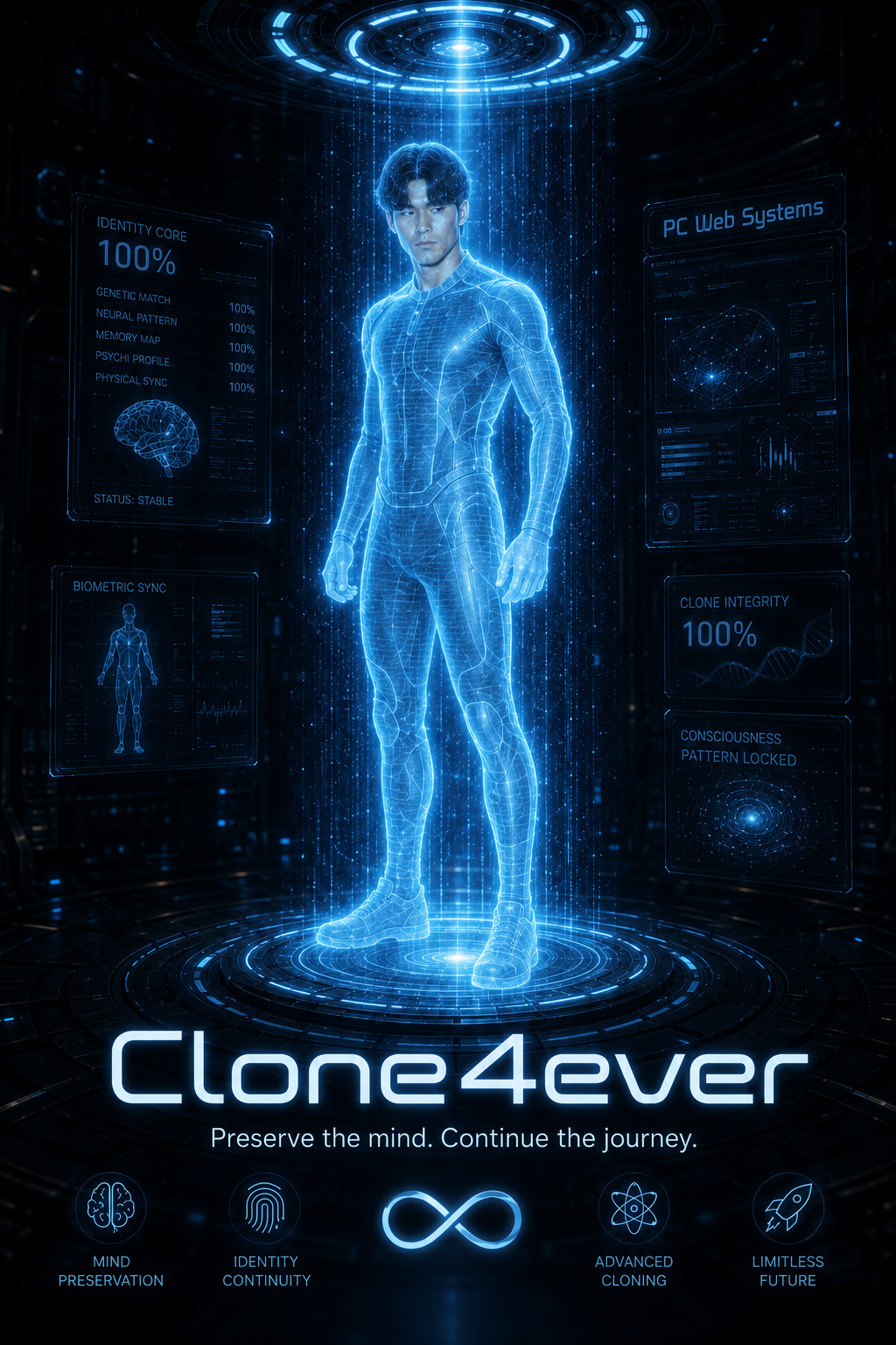 Clone4ever digital identity and continuity concept visualization connecting memory, AI, and persistent identity.