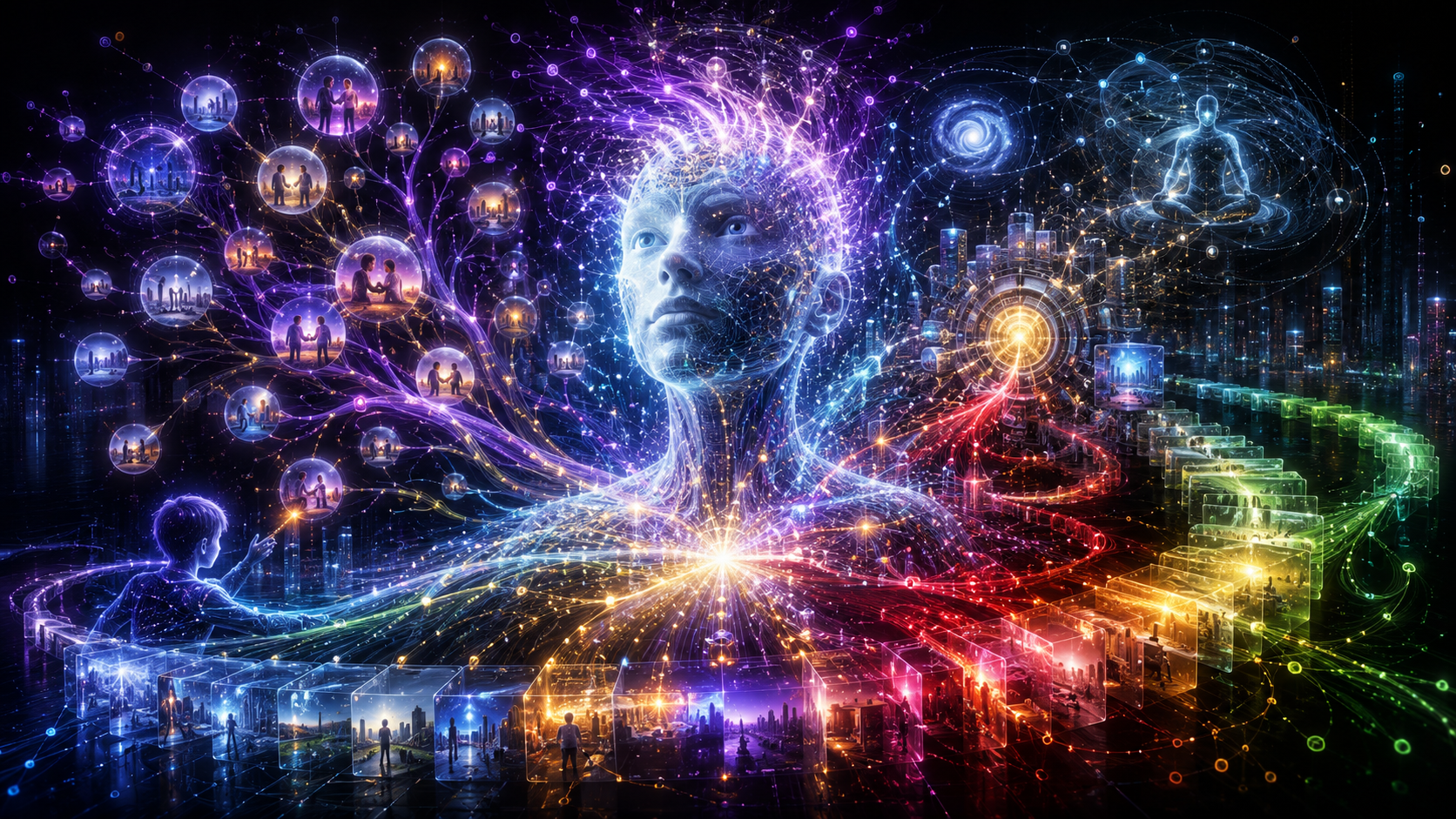 Conceptual visualization of consciousness emerging from persistent memory, relationships, accumulated experience and an AIS-supported digital identity.