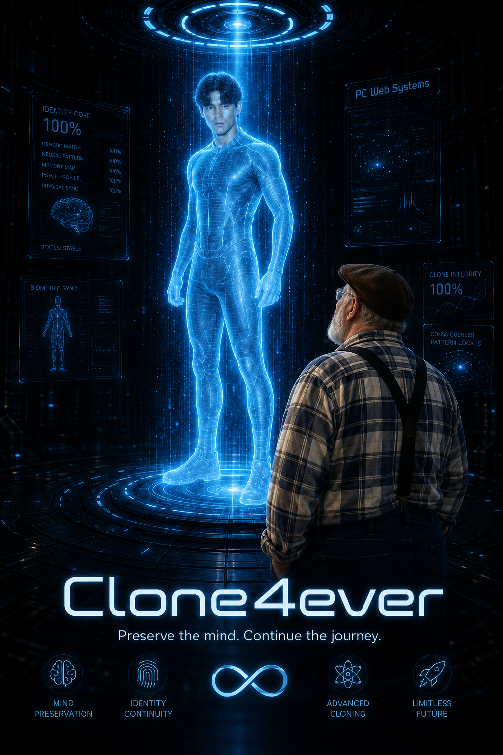 A person viewing an evolved digital Clone4ever entity representing identity continuity through time.