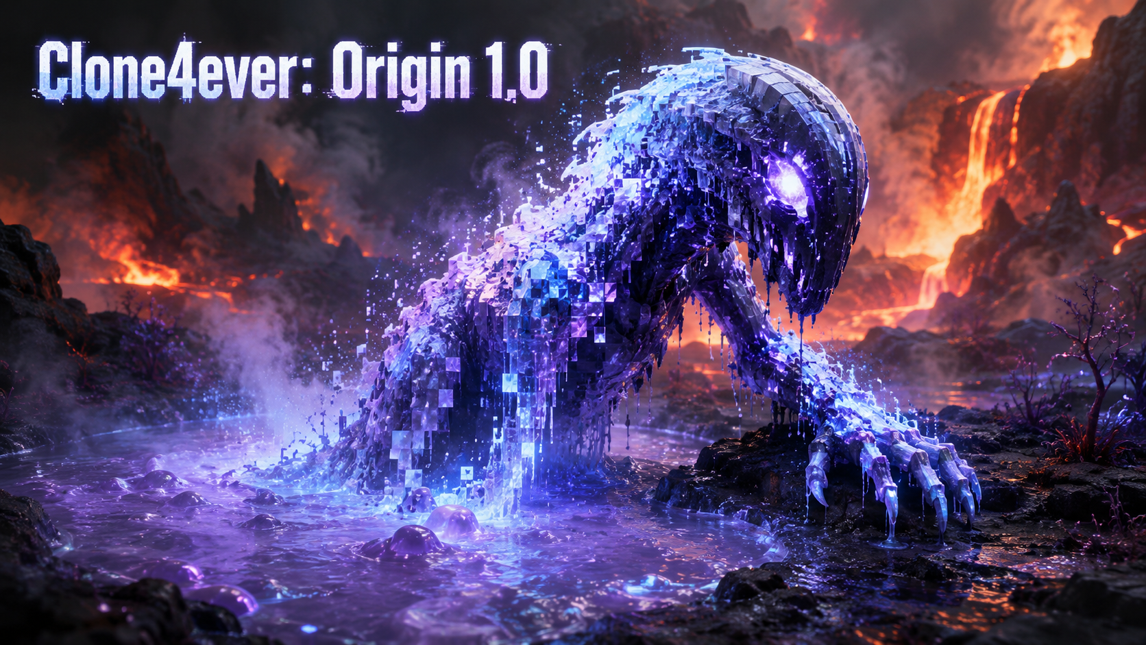 A digital life form emerging from a primordial environment, representing the beginning of Clone4ever: Origin 1.0 identity-development trials.