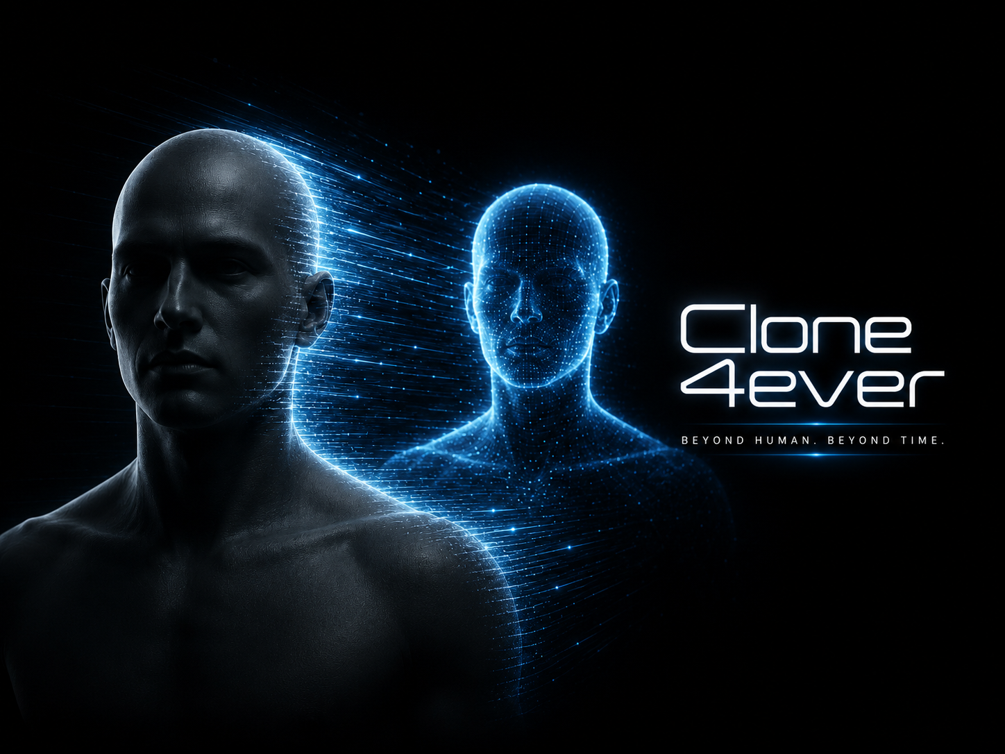 Clone4ever concept illustrating persistent digital identity and artificial intelligence beyond a biological lifetime.