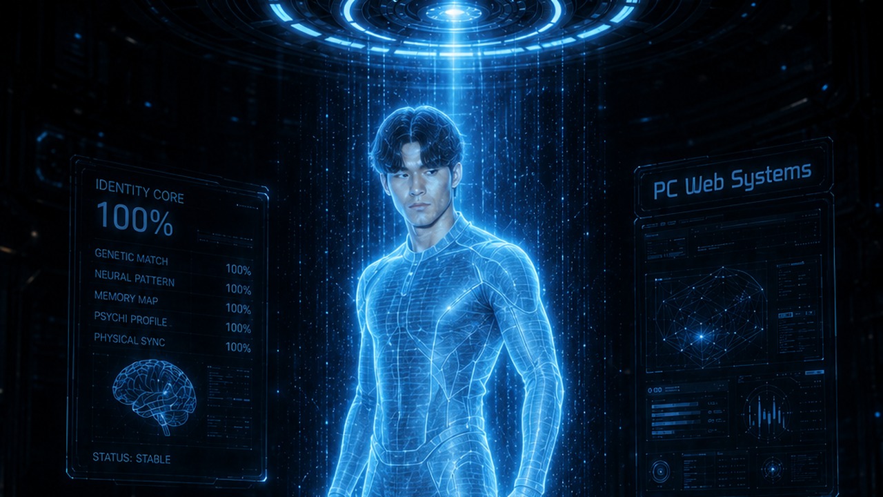 A digital human standing in a blue-lit identity chamber surrounded by monitoring panels, representing the beginning of the Clone4ever project.