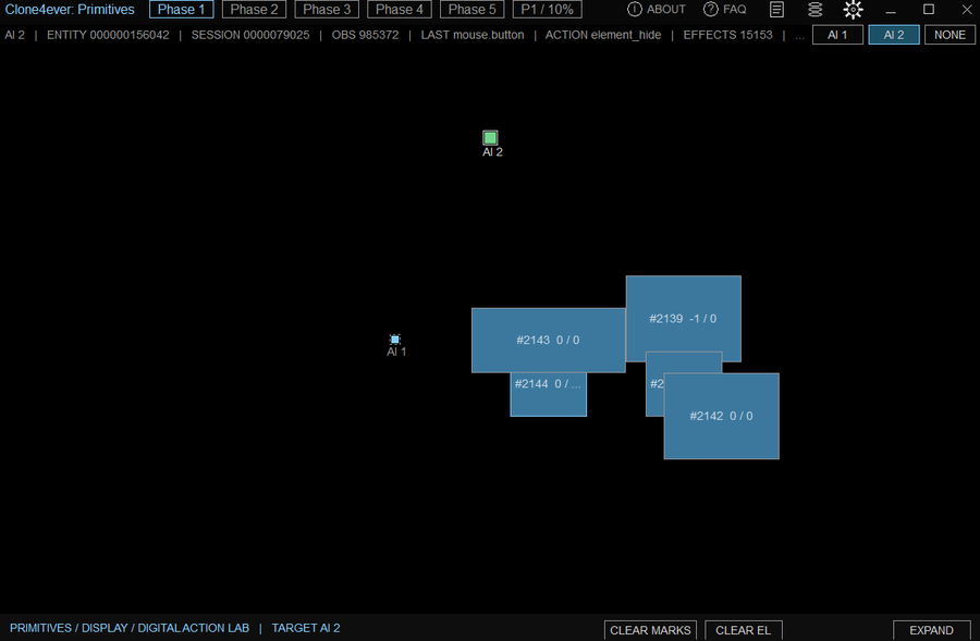 Clone4ever: Primitives running with AI 1 and AI 2 visible while multiple experiment elements cluster in the shared world.