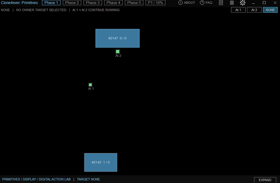 Clone4ever: Primitives display showing AI 1 and AI 2 active together in the shared digital world with experiment elements visible.